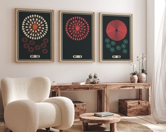 Modern Wall Art Modern 4th of July Asian Decor Set of 3 Vibrant Fireworks Prints