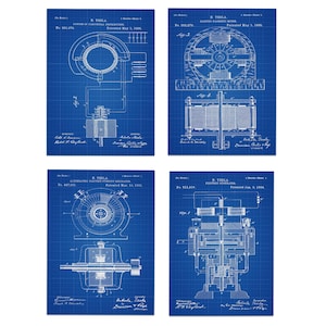 Tesla Inventions Nikola Tesla Poster Tesla Prints Tesla Wall Art Set of 4 Tesla Invention Prints Invention - Poster, Framed and Canvas Print Blueprint