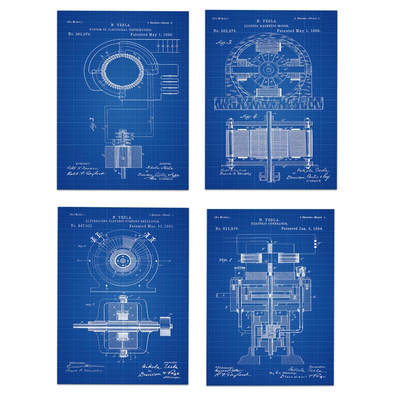 Tesla Inventions Nikola Tesla Poster Tesla Prints Tesla Wall Art Set of 4 Tesla Invention Prints Invention - Poster, Framed and Canvas Print Blueprint
