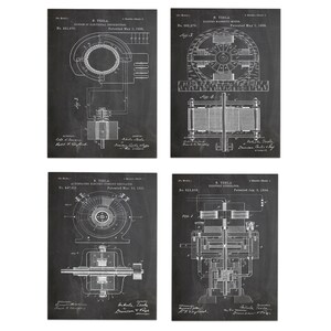 Tesla Inventions Nikola Tesla Poster Tesla Prints Tesla Wall Art Set of 4 Tesla Invention Prints Invention - Poster, Framed and Canvas Print Chalkboard Black