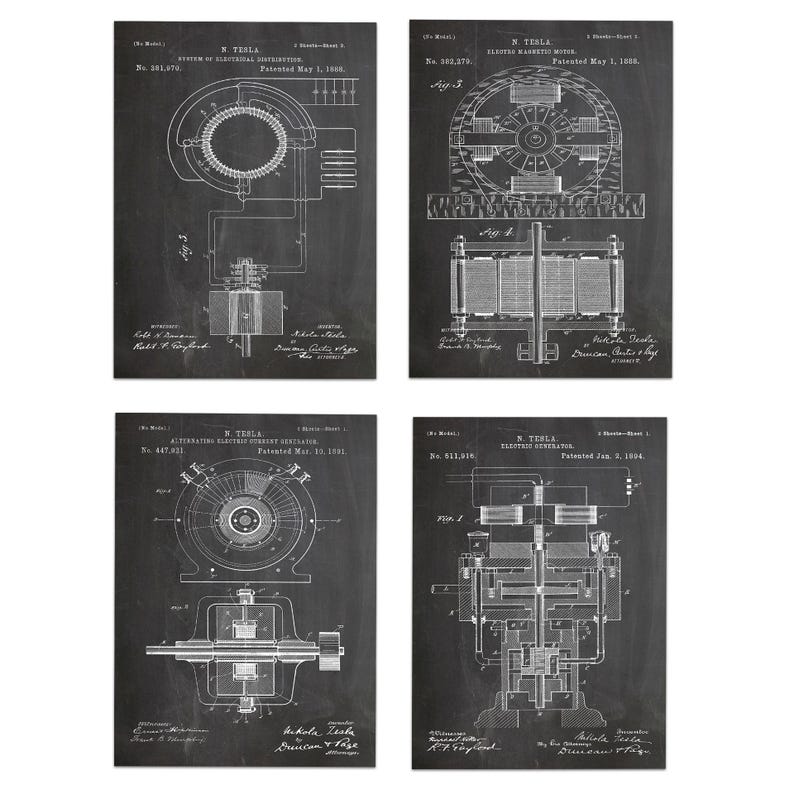 Tesla Inventions Nikola Tesla Poster Tesla Prints Tesla Wall Art Set of 4 Tesla Invention Prints Invention - Poster, Framed and Canvas Print Chalkboard Black