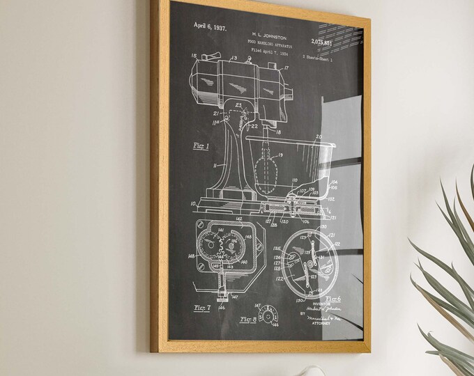 Food Mixer Patent Poster: Vintage Kitchen Art for Baking Enthusiasts and Pastry Chefs - Unique Chef Wall Decor & Baker Gift Idea - WB348