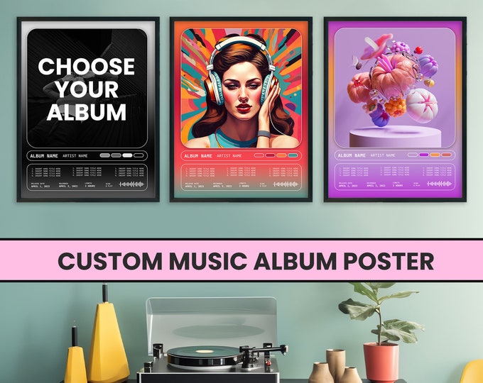 Personalized Music Album Set of 3 Posters - Customizable Album Cover Wall Decor -  Trendy Music Lounge Room Decor