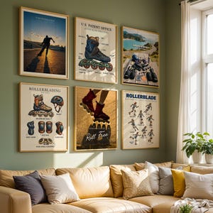 May include: Six framed wall art prints featuring rollerblading themes, including technical diagrams of inline skate structures, gear guides, and action photography, displayed in a grid arrangement above a tan leather sofa in a room.