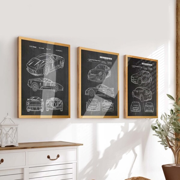 Rev Up Your Walls with Iconic Cars: Set of 3 Tesla, Porsche, Lamborghini Patent Posters - Ideal Car Decor & Art for Enthusiasts - WB337-339