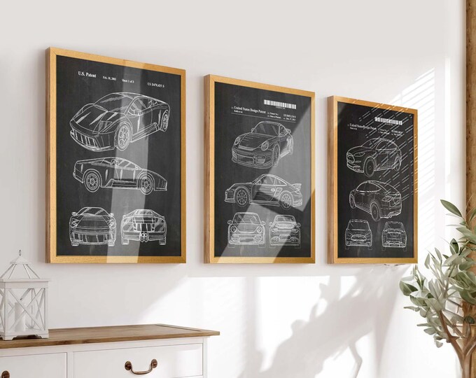 Rev Up Your Walls with Iconic Cars: Set of 3 Tesla, Porsche, Lamborghini Patent Posters - Ideal Car Decor & Art for Enthusiasts - WB337-339