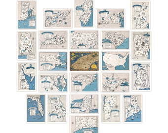 1930's Travel Posters Photo Collage Kit for Wall US States Maps Whimsical Pack of 24 Unique Gift for Travelers (4x6)