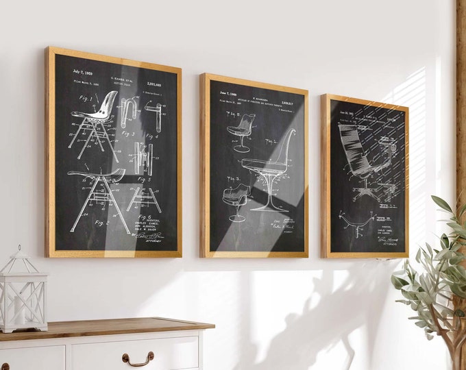 Mid-Century Chic: Set of 3 Mid-Century Chair Patent Posters - Ideal Wall Art for Furniture Enthusiasts - Classic Chic Room Decor - WB581-584