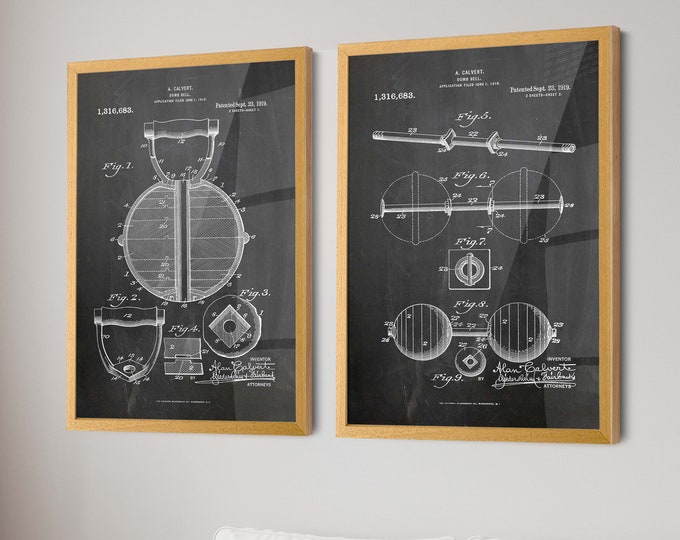 Strength Unveiled: Dumbbell Patent Prints - Invention of Dumbell Set of 2 - Ideal Decor for Fitness Enthusiasts & Gym Inspiration -WB428-429