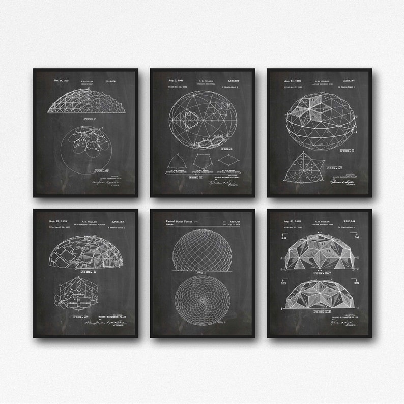 Puede incluir: Un conjunto de seis l&aacute;minas de arte mural enmarcadas con ilustraciones t&eacute;cnicas de patentes de c&uacute;pulas geod&eacute;sicas en blanco sobre un fondo gris oscuro estilo pizarra. Cada l&aacute;mina muestra diagramas geom&eacute;tricos detallados y texto.