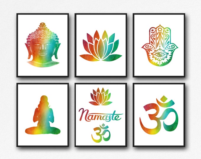 Yoga Poster Set of 6 Yoga Prints Yoga Studio Art Yoga Wall Art Meditation Print Meditation Wall Art Meditation Poster Mindfulness Art