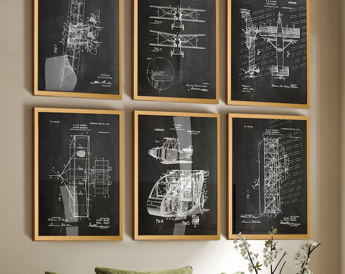 Set of 6 Wright Brothers Airplane Patent Posters - Retro Aviation Office Decor - Sky-High Elegance Ideal Gift for Pilot & Flight Enthusiasts