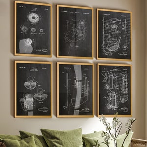 Set of 6 Golf Patent Wall Posters -Retro Golf Inventions: Ball, Bag, Club, Tee Holder, Cart & Caddy - Golf Enthusiasts Stylish Wall Decor