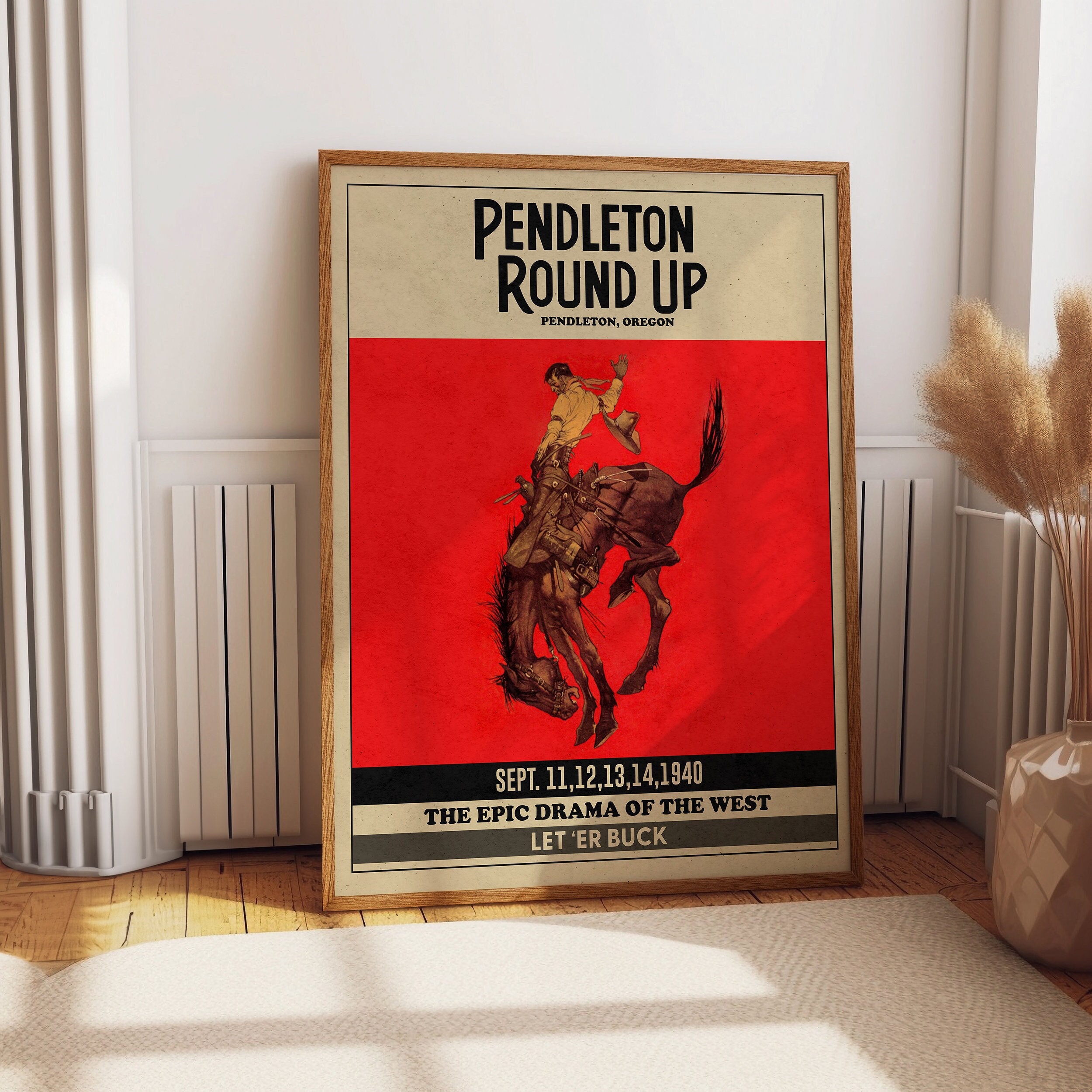 Vintage Rodeo Glory: Framed Pendleton Rodeo Cowboy Poster - Classic Cowboy Wall Art and Red Western Decor Prints