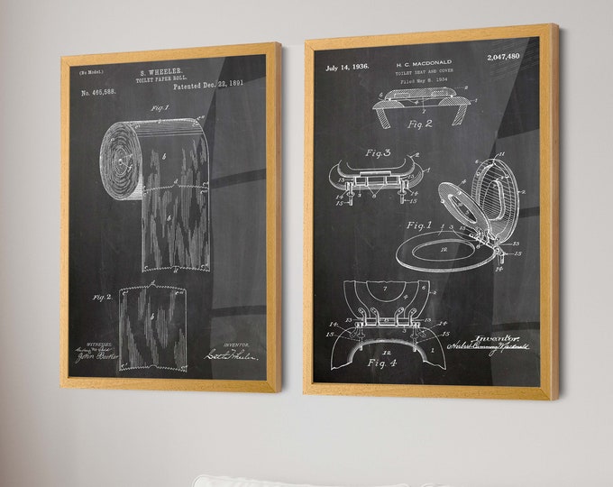 Elevate Your Bathroom: Tissue Roll and Toilet Seat Patent Posters Set of 2 - Modern Bathroom Art & Unique Decor Patent Prints - WB189(35-36)