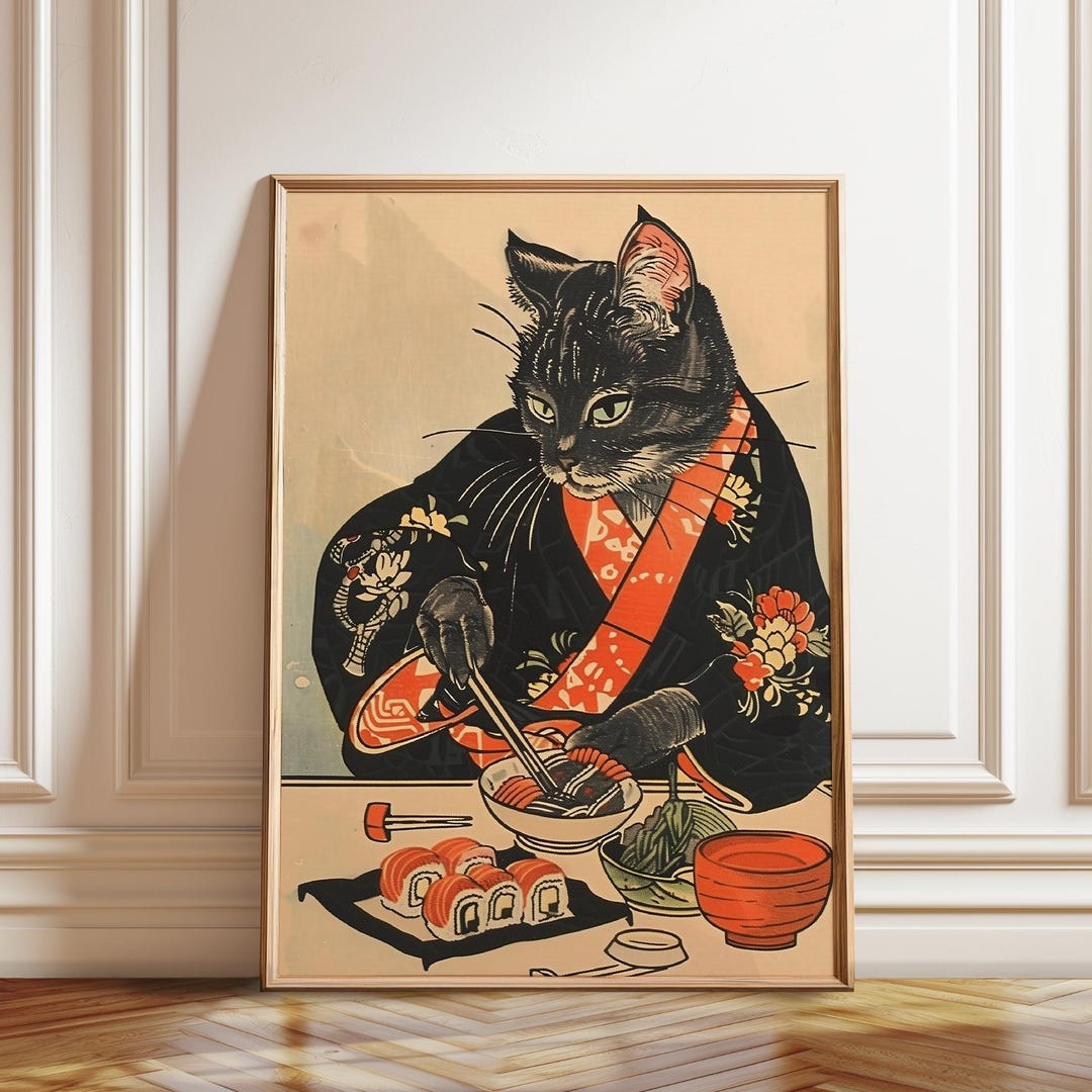 Sushi Cat Art Print – Black Kimono Cat Eating Sushi Japanese Wall Decor ...