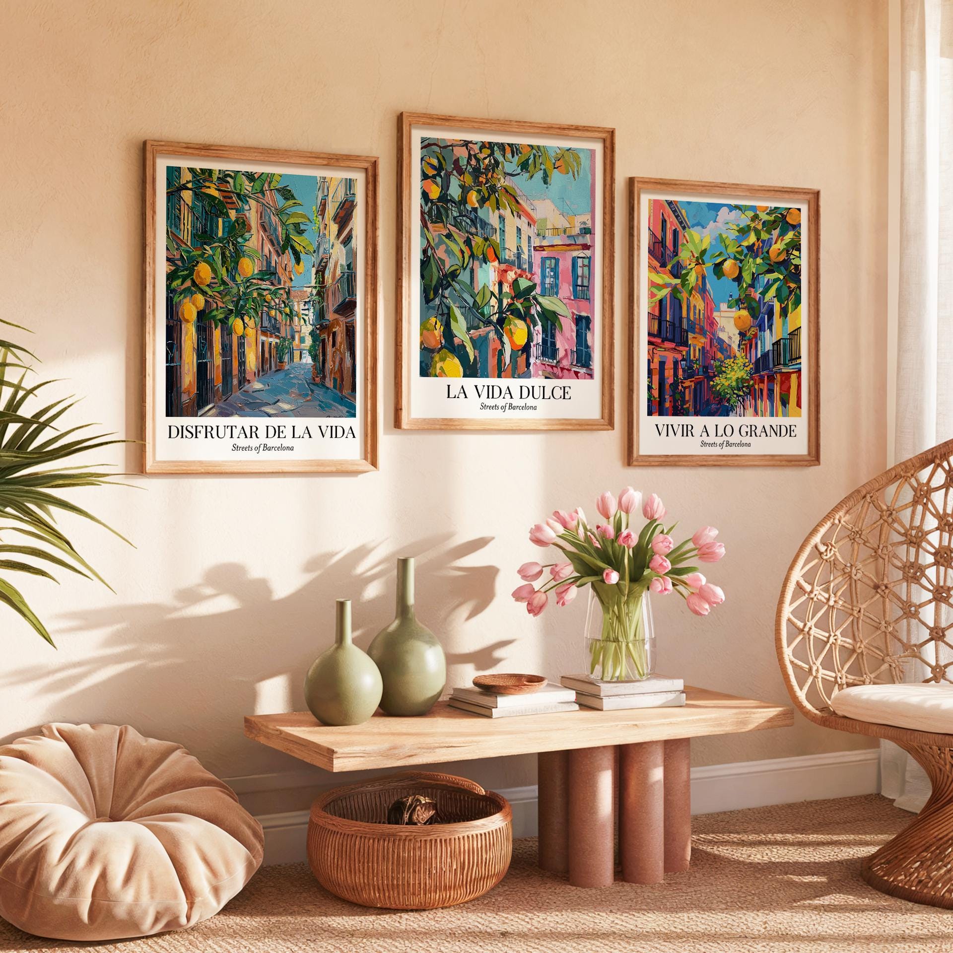 Barcelona Bliss Art Series Set of 3 Posters - Spanish Streets & Citrus Scenes Wall Art - Poster, Framed Print