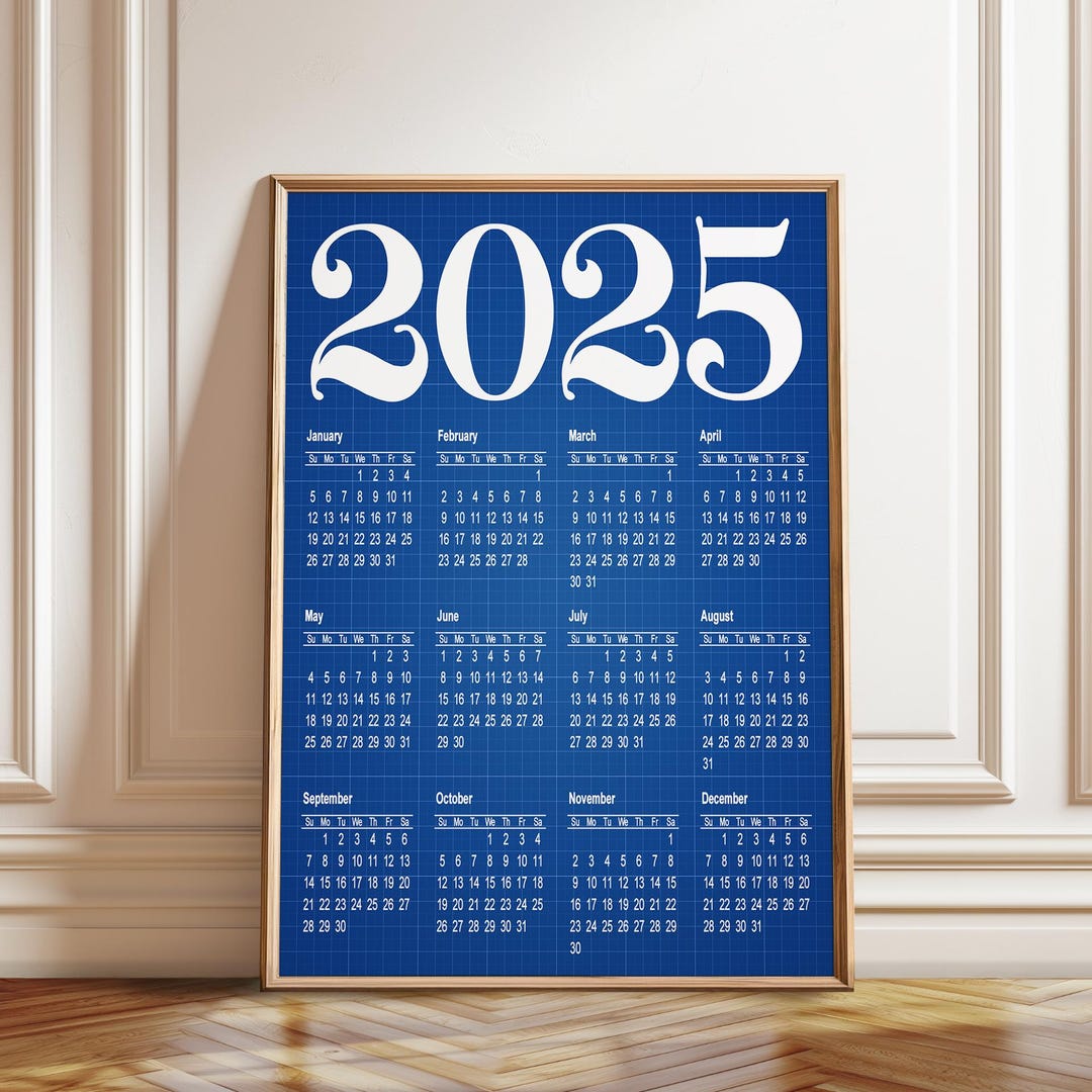 2025 Wall Calendar Poster: Blueprint Grid Design, Monthly Planner