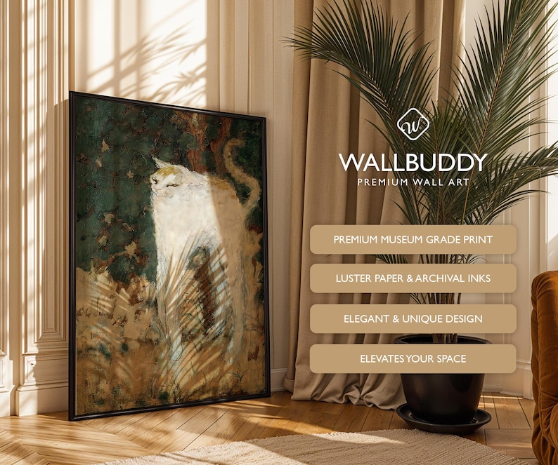 Pode incluir: Uma impress&atilde;o de arte de parede retangular emoldurada apresentando uma pintura impressionista de um gato branco sobre um fundo verde escuro e marrom. O texto WALLBUDDY PREMIUM WALL ART &eacute; vis&iacute;vel, junto com etiquetas de qualidade de museu e tintas.