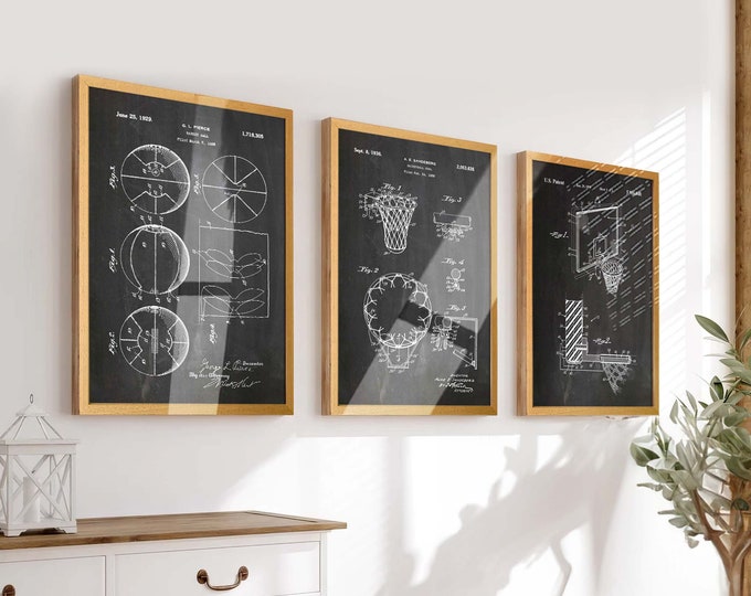 Dunk in Style: Set of 3 Basketball Hoops and Ball Patent Posters - Ideal Basketball Wall Decor and Art for Hoop Enthusiasts - WB297-298-301