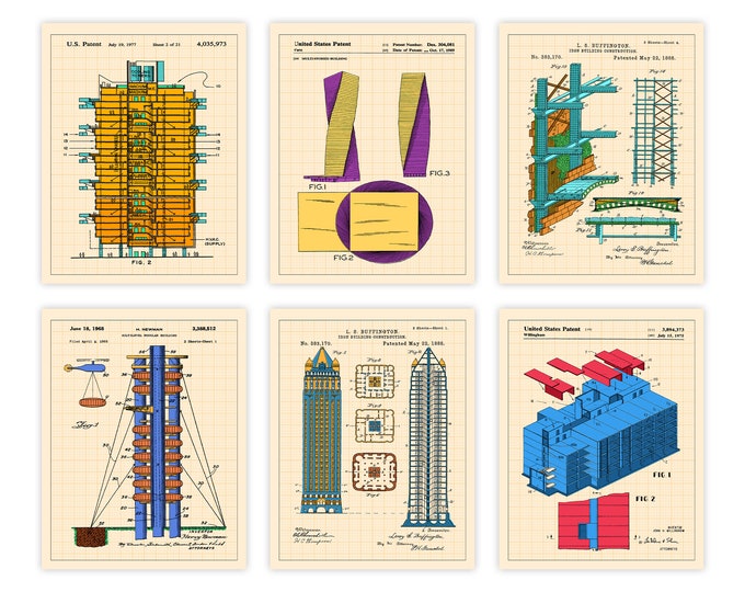 Architectural Marvels: Vintage Construction Patent Prints - Building Wall Art for Design Enthusiasts Set of 6 Prints