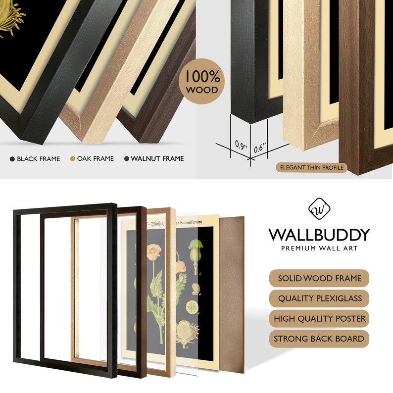 May include: A Wallbuddy premium wall art set featuring a solid wood frame in black, oak, or walnut finishes. The frame has a 0.9 inch depth and 0.6 inch width. Components include a high quality poster, plexiglass, and a strong back board.