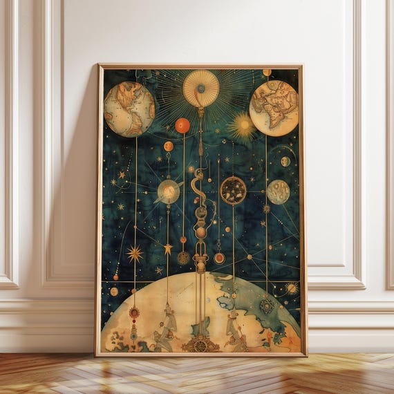 天体力学アートプリント：ヴィンテージ星図、アンティーク地球儀 