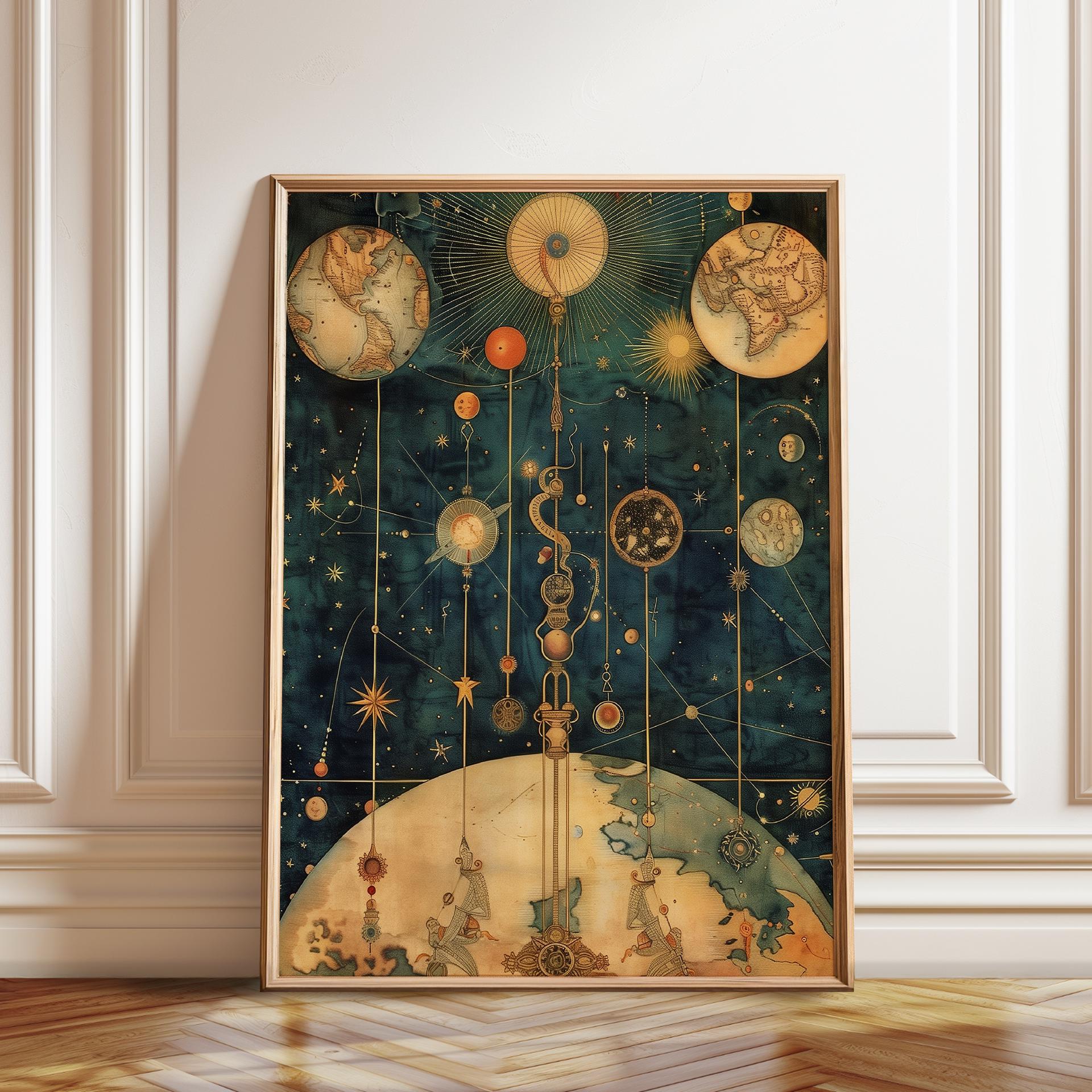 Celestial Mechanics Kunstdruck: Vintage Sternenkarte, antike Globus-Illustration