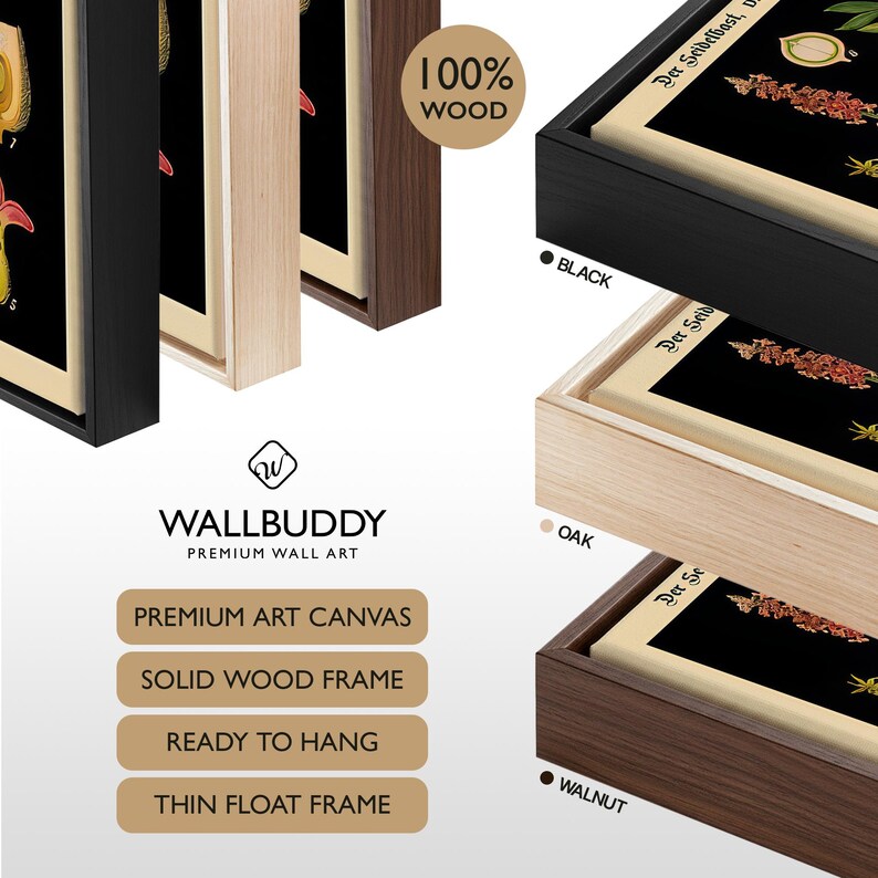 May include: A set of three framed canvas wall art pieces featuring botanical illustrations on black backgrounds. The frames are available in black, oak, and walnut finishes. Each piece is a premium art canvas with a solid wood thin float frame.