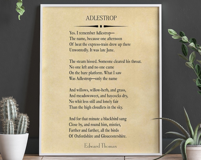 Adlestrop by Edward Thomas 1914 Poetry Poster Poetry Decor Theme of Peace World War I Poetry English Poets Poetry Decor