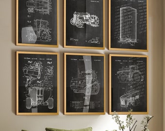 Set of 6 Agricultural Tractor Patent Posters - Revolutionize Farmhouse Wall Decor for Urban Living Spaces - Retro Charm for Every Room