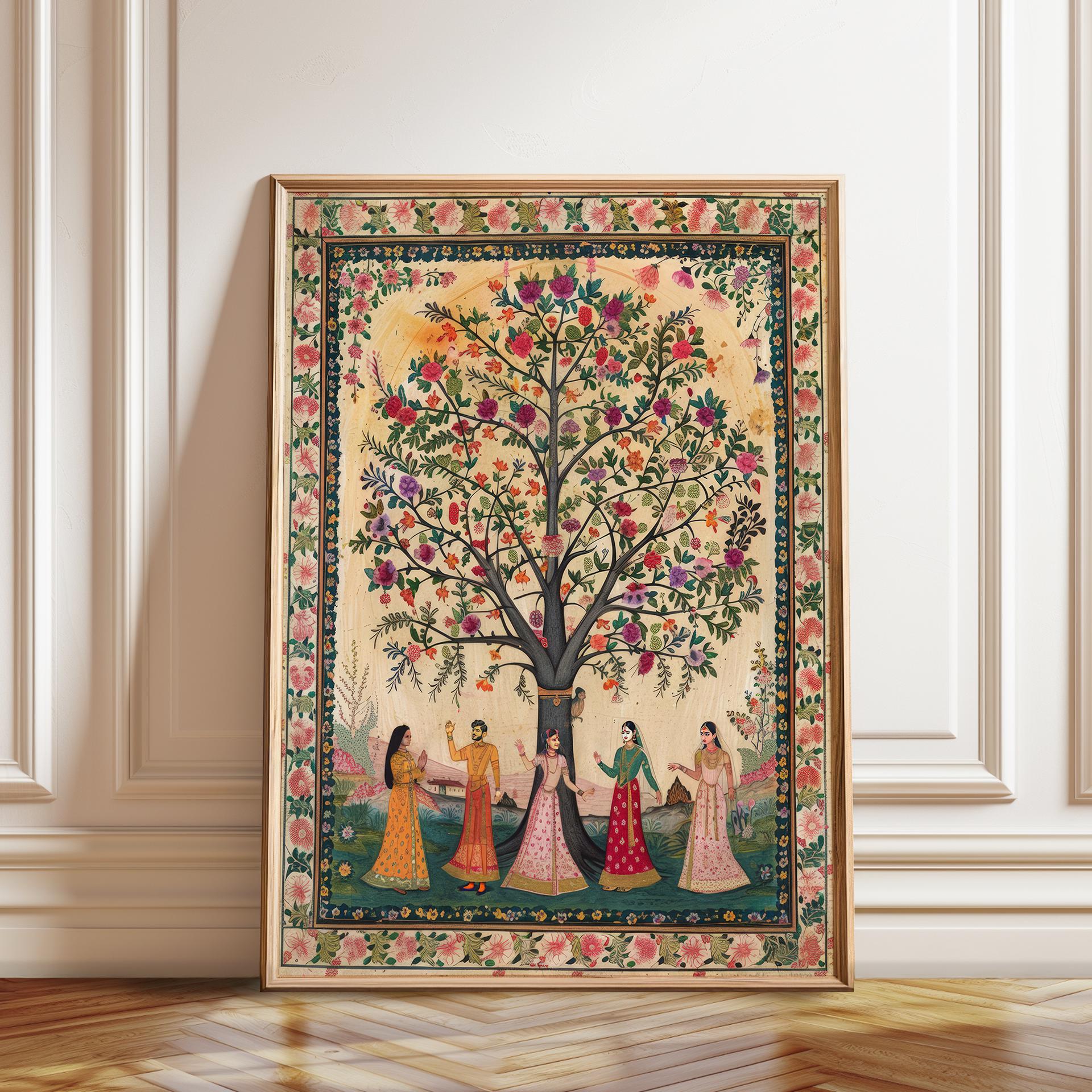 Indian Pichwai Art Poster - Traditional Indian Women Under Tree - Cultural Wall Art - Poster or Framed or Canvas Available