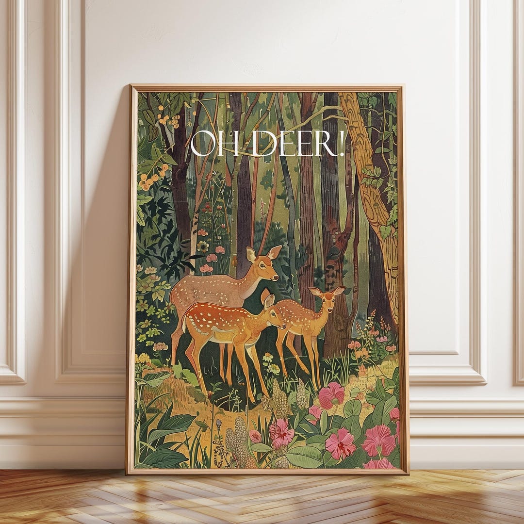 Forest Deer Family Art Print – Woodland Nursery Wall Decor With Vintage ...
