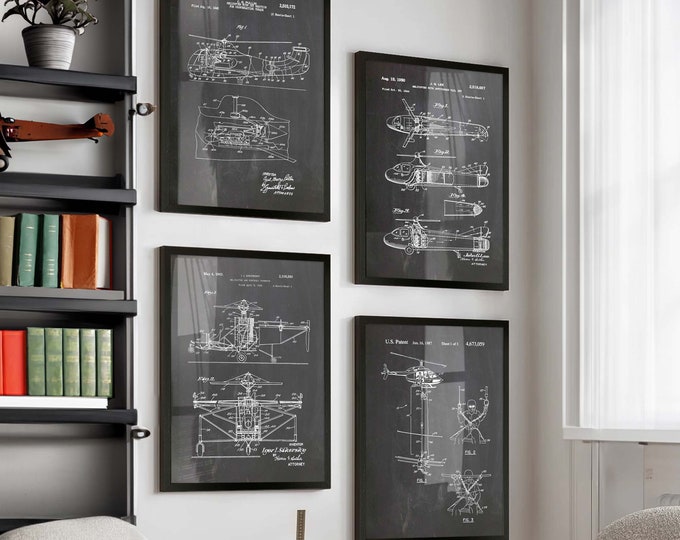 Elevate Your Aviation Lounge with Set of 4 Helicopter Patent Wall Posters - Ideal Gift for Pilots and Aviation Enthusiasts - WB533-536