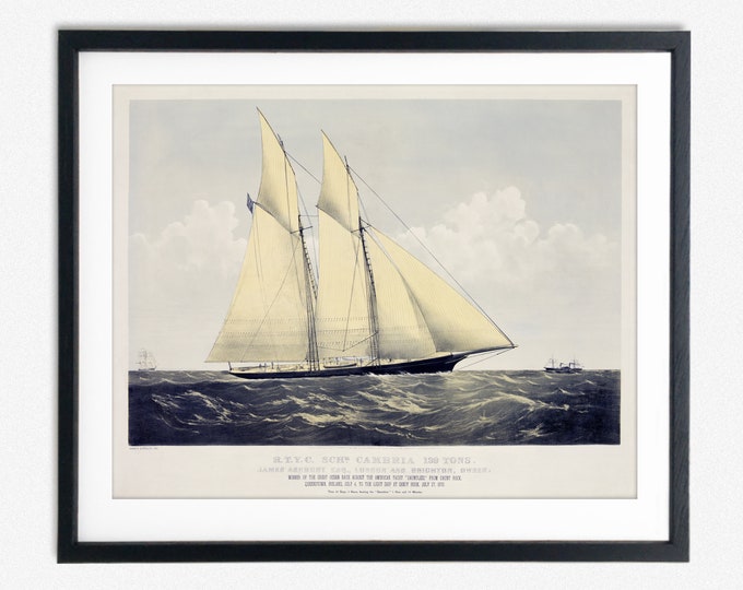 Schooner Painting 1870 Schooner Cambria Racing Ship Painting Yacht Wall Art Nautical Painting Nautical Decor Vintage Sailing Print Schooner