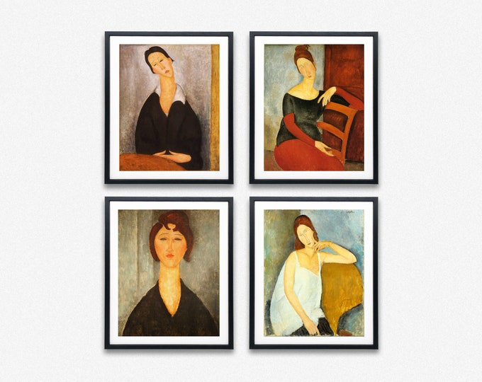 Amedeo Modigliani Paintings Maximalist Elegance Decor Set of 4 Modern Portraits Italian Art Print Collection