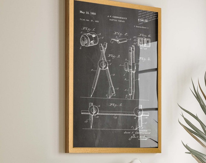 Vintage Drafting Compass Patent Poster – Invention of Compass Wall Art Room Decor - Ideal Office and Home Decor Gift - WB223