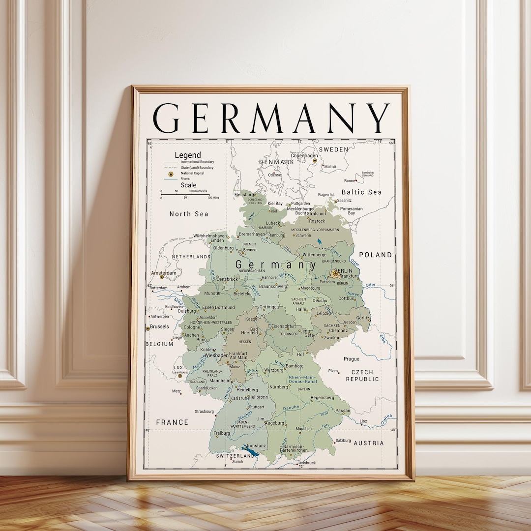 Germany Map Print Germany Vintage Political Map Print – Detailed German States & Cities ...
