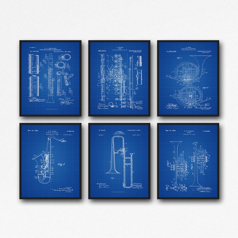 May include: Set of six vintage blueprint style prints of musical instruments. The prints feature a clarinet, flute, french horn, saxophone, trombone, and trumpet. Each print includes the patent number, inventor, and date.