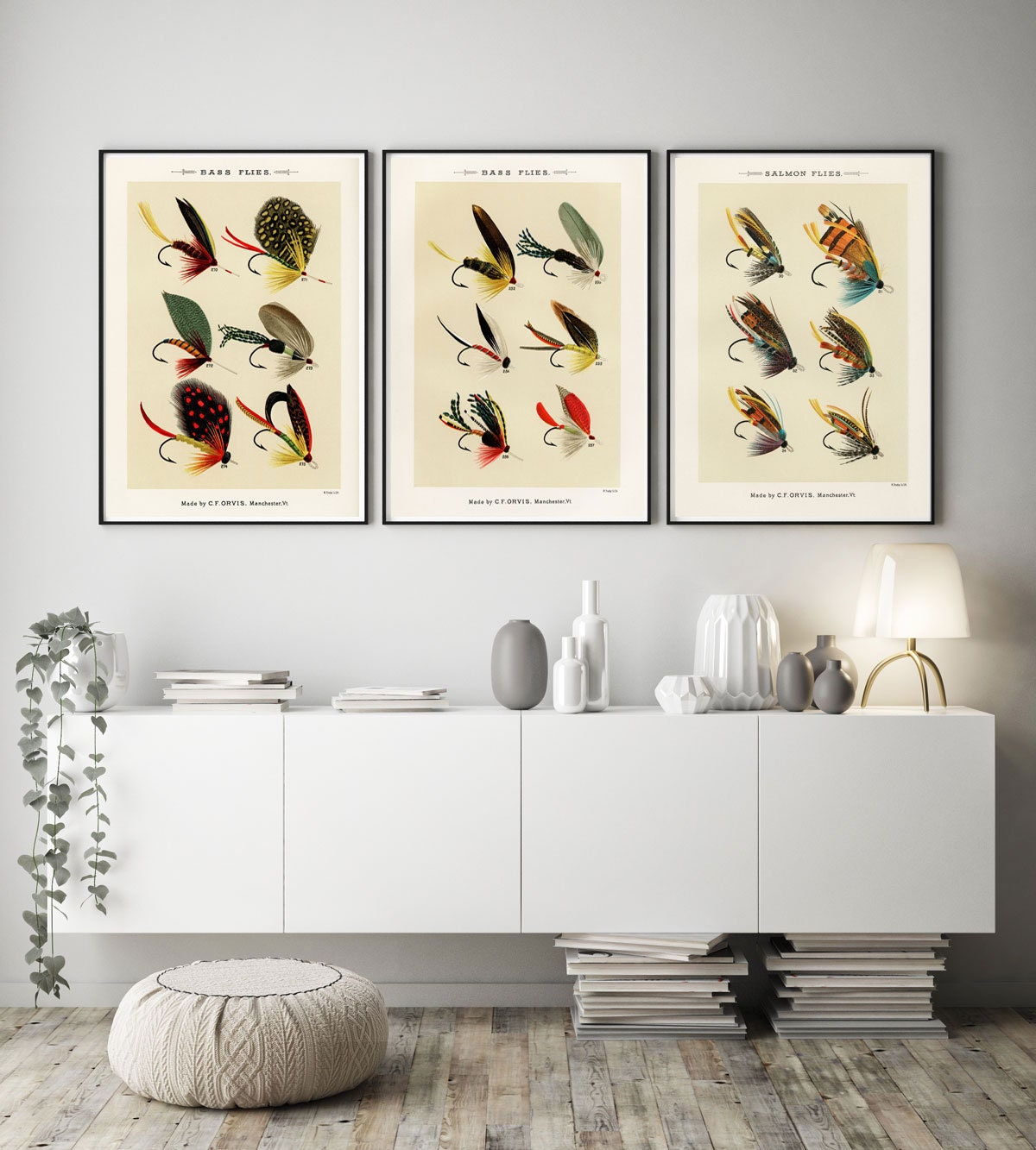 Fishing Decor Set of 3 Vintage Style Fishing Illustrations Fishing