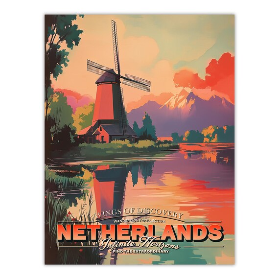 オランダの風車アートプリント：レトロなオランダの風景ポスター