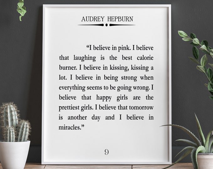 Audrey Hepburn Quote I Believe in Pink Audrey Hepburn Poster Audrey Hepburn Print Famous Quote poster Quotation Poster Book Page Poster