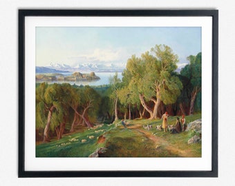 Idyllic Corfu Landscape: Vintage Edward Lear Painting Pastoral Wall Art Corfu Painting Enhance you Space with the charm of The Greek Islands
