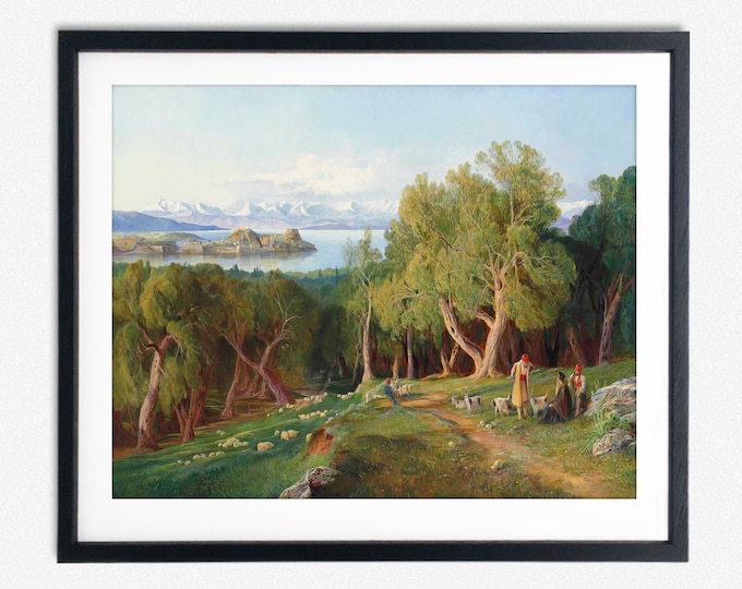 Idyllic Corfu Landscape: Vintage Edward Lear Painting Pastoral Wall Art Corfu Painting Enhance you Space with the charm of The Greek Islands
