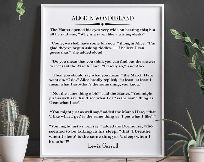 Alice in Wonderland Book Wall Art Lewis Carroll Quote Wonderland Quote Literary Poster Literary Wall Art Large Book Wall Art