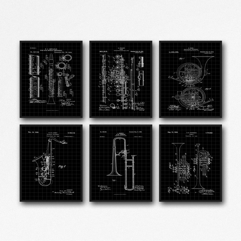 May include: Set of six black and white vintage patent drawings of different musical instruments. The instruments include a clarinet, flute, french horn, saxophone, trombone, and trumpet. Each drawing is framed with a black border and has a grid pattern in the background.