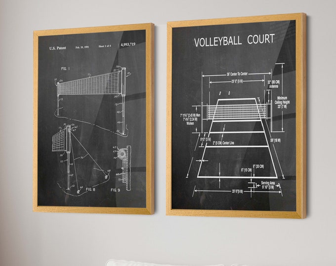 Spike Up Your Space: Volleyball Court and Net Patent Set of 2 Posters - Ideal Gift for Players, Coaches, and Sporty Room Decor - WB308-309