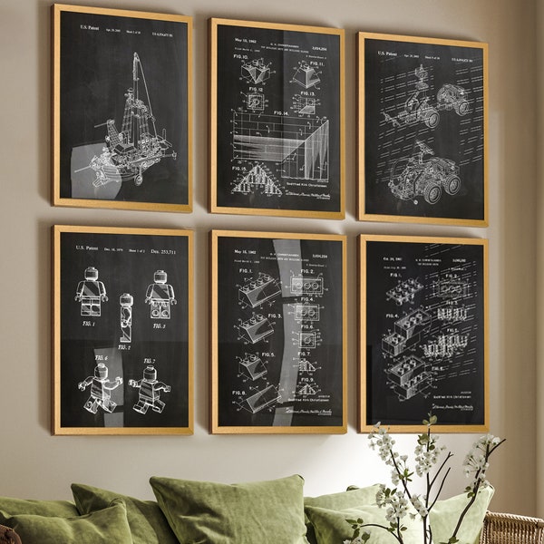Toy Brick Patent Prints - Playroom Decor, Set of 6