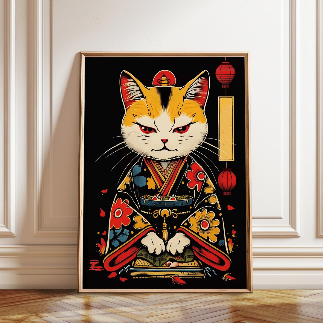 Samurai Cat Art Print – Japanese Kimono Warrior Cat Illustration Poster ...