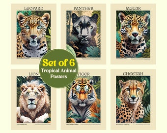 Set of 6 Tropical Animals Poster - Maximalist Feline Room Decor - Whimsical Wall Art Gift for Jungle, Desert, and Rainforest Enthusiasts